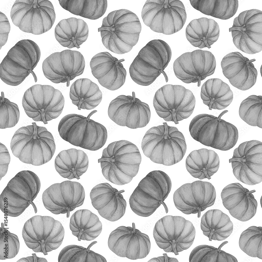 Pumpkins watercolor background. Seamless hand drawn pattern with black and white pumpkins illustration for halloween and autumn decor