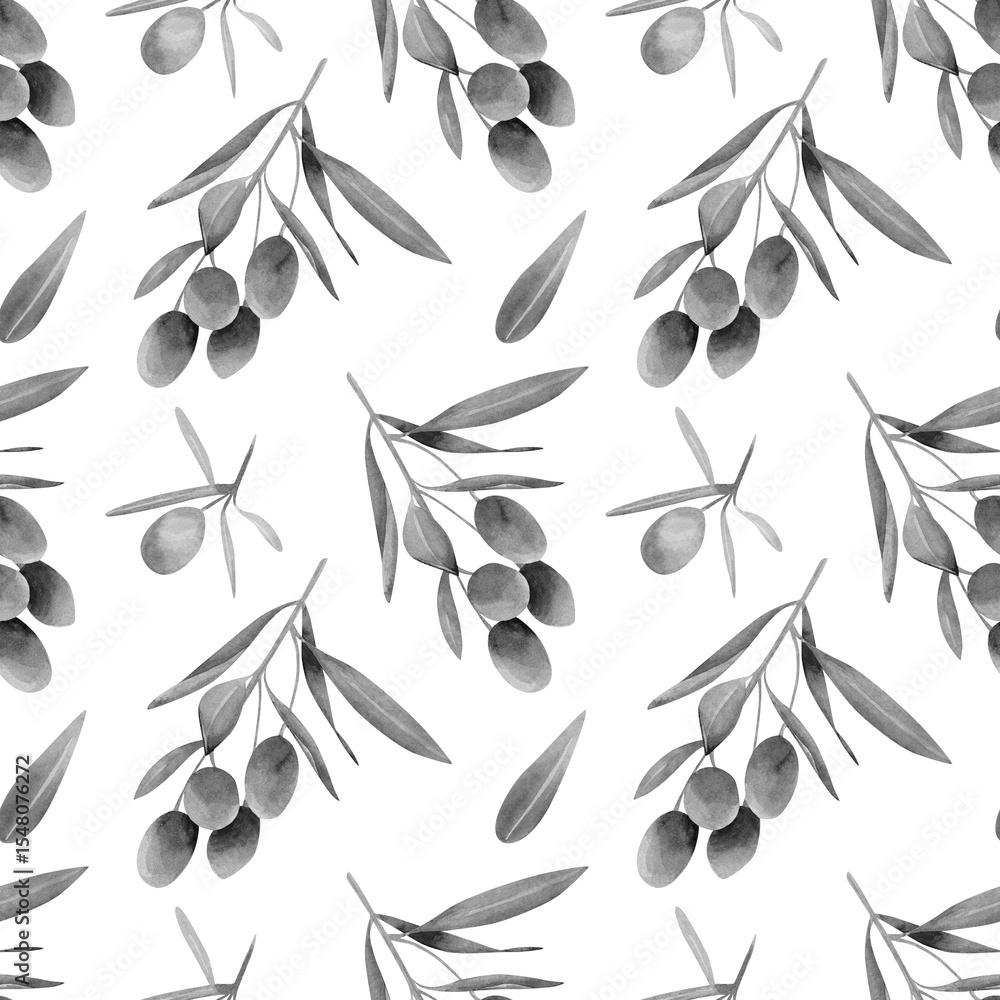 Naklejka premium Seamless olives background. Watercolor botanical pattern with hand drawn black and white illustration of olive fruits, branch with leaves for textile prints, wallpapers