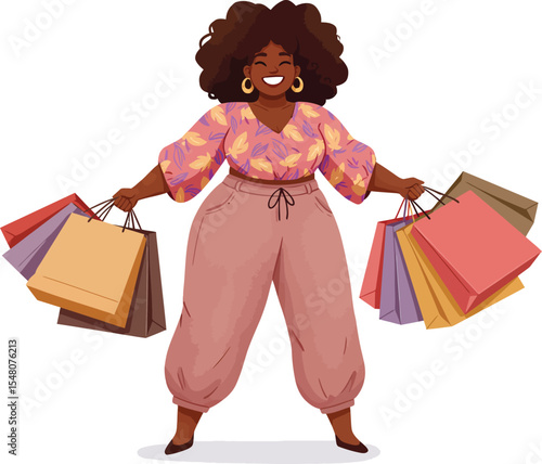 Illustration of a fat black woman holding shopping bags with a smiling face, wearing long loose trousers and floral print blouse, isolated on white background