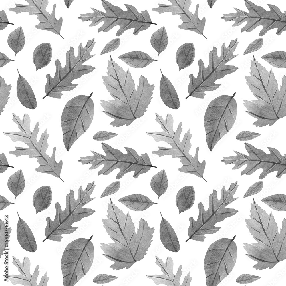 Obraz premium Oak and maple leaves background. Seamless watercolor pattern withblack and white autumn fall leaves for fabric and decor