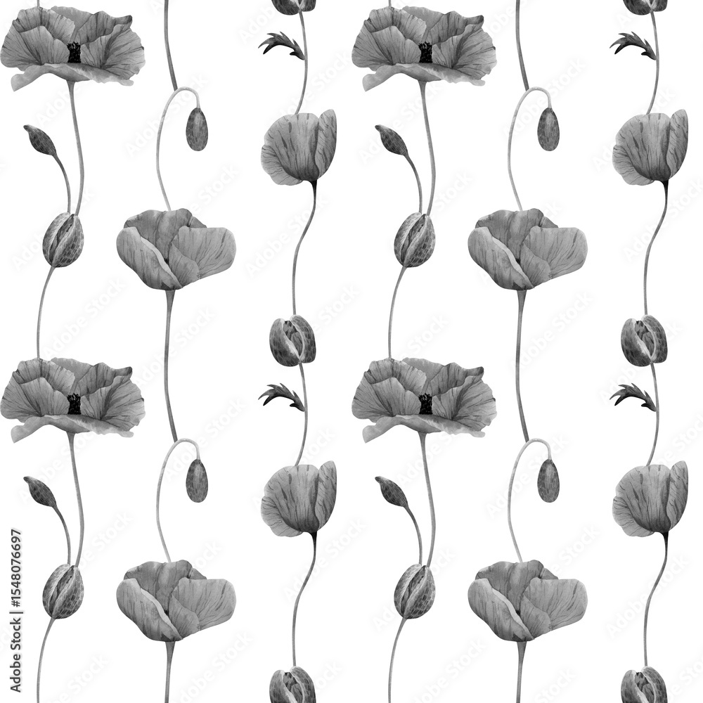 Obraz premium Poppies flowers background. Seamless watercolor floral pattern with black and white botanical poppy wildflower illustration for textile, wallpapers