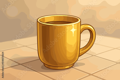 Golden coffee mug illustration with a hot beverage on a tiled kitchen counter. Shiny luxury cup cartoon for a cafe, tea time, or morning routine. Vector art of elegant drinkware.