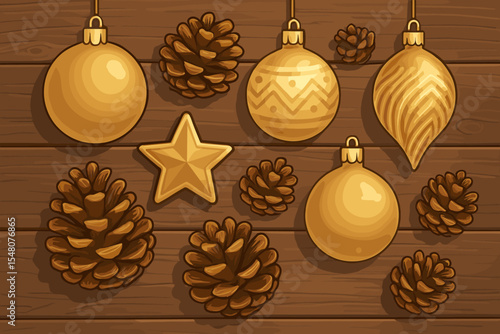 Rustic Christmas decoration with elegant gold baubles, ornaments, star and pinecones on a wooden background. Festive winter holiday flat lay concept. Vector cartoon illustration.