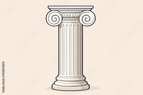 Elegant ancient Greek pillar vector illustration. Classic Roman Ionic column with decorative capital. Architectural monument for history, law, finance, and education concepts.