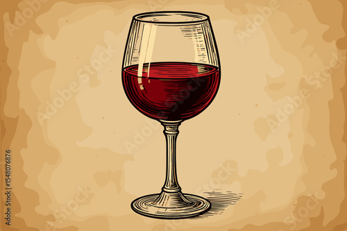 Red wine glass in vintage engraving style on an antique textured paper background. Vector illustration for wine tasting, restaurant menu, or winery. Retro alcohol beverage drawing.