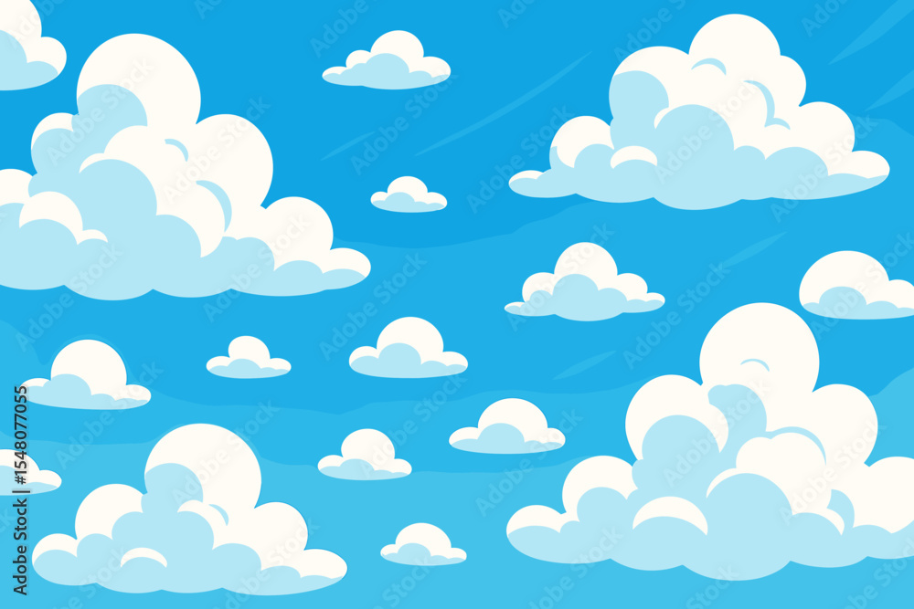 Cartoon sky background with fluffy white clouds on a vibrant blue backdrop. Vector illustration of a sunny summer day. Scenic weather concept, clear atmosphere and beautiful nature. Cartoon sky background with fluffy white clouds on a vibrant blue backdrop. Vector illustration of a sunny summer day. Scenic weather concept, clear atmosphere and beautiful nature.