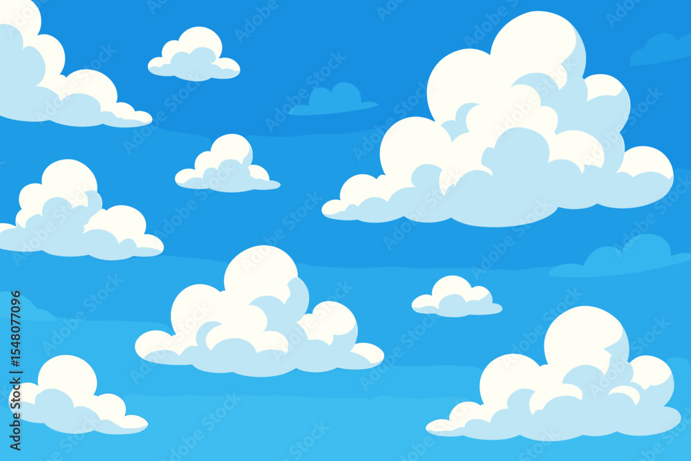 Fluffy white clouds on a vibrant blue sky cartoon background. Vector illustration of a sunny summer day. Simple cute weather scene wallpaper for kids projects or nature concept. Fluffy white clouds on a vibrant blue sky cartoon background. Vector illustration of a sunny summer day. Simple cute weather scene wallpaper for kids projects or nature concept.