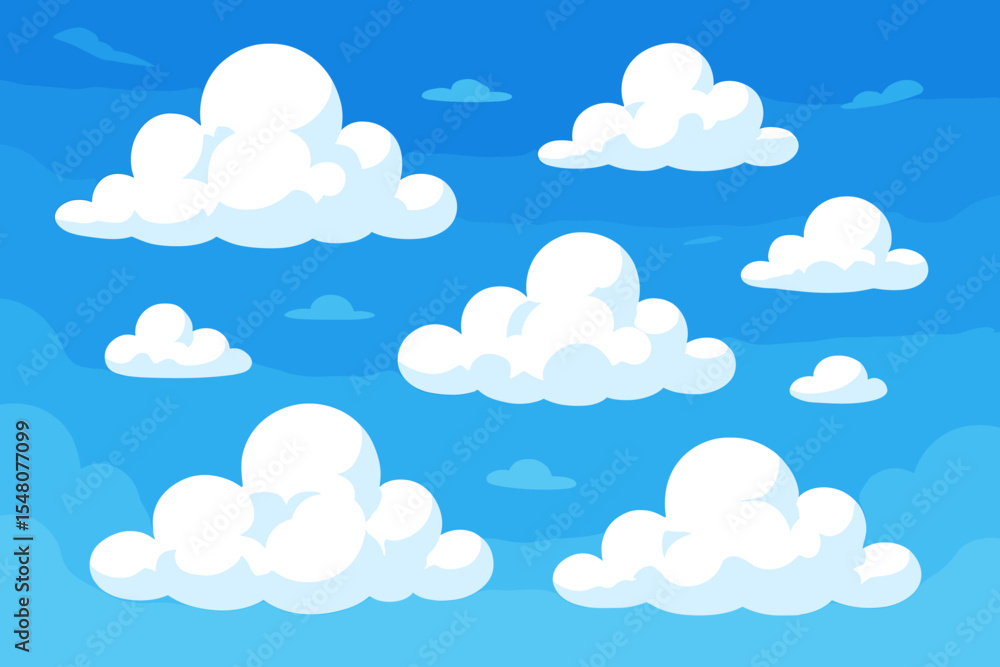 Fluffy white clouds floating in vibrant blue sky background. Vector cartoon illustration of a summer day. Cute simple weather scenery for kids' books, games or wallpaper. Flat style. Fluffy white clouds floating in vibrant blue sky background. Vector cartoon illustration of a summer day. Cute simple weather scenery for kids' books, games or wallpaper. Flat style.