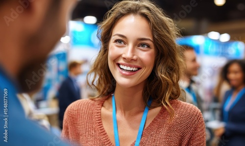 A smiling woman with wavy brown hair wearing an orange sweater and a blue lanyard is seen talking to a person, at a convention.