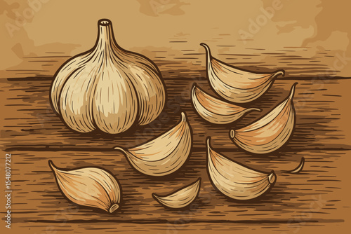 Garlic bulb and cloves vector illustration in a vintage woodcut style. Fresh organic vegetable ingredient for cooking on a rustic wooden table background. Hand-drawn sketch art concept.