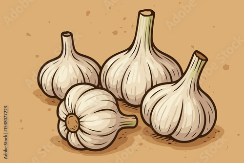 Cartoon garlic bulbs illustration on textured paper background. Organic food, natural spice, culinary ingredient, vegetable harvest. Hand-drawn healthy cooking, rustic farm market vector