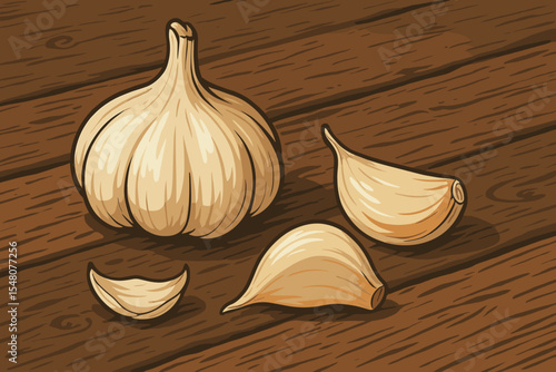 Vector cartoon illustration of fresh garlic bulb and cloves on a rustic wooden table. Healthy organic vegetable ingredient, herb, and spice for cooking. Vintage food background.