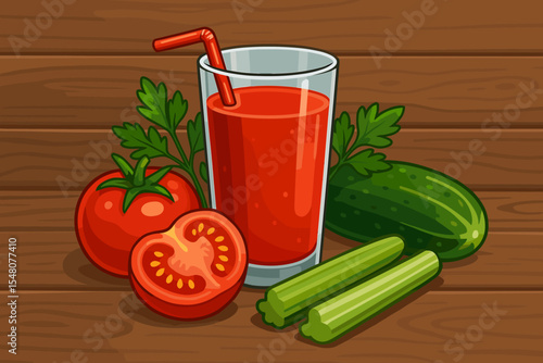 Fresh tomato juice in glass with straw, whole and sliced tomatoes, cucumber, celery sticks, parsley, healthy detox drink ingredients on wooden background, vector cartoon illustration for diet concepts