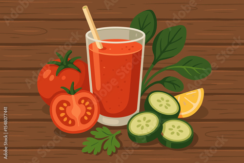 Fresh tomato juice detox drink with cucumber, spinach, parsley, lemon, on rustic wooden table. Healthy vegetable smoothie, organic ingredients, vegan beverage. Vector illustration for diet concept