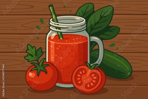 Fresh tomato juice in mason jar with straw, whole and sliced tomatoes, cucumber, spinach leaves on rustic wooden background. Healthy detox drink ingredients. Vector cartoon illustration
