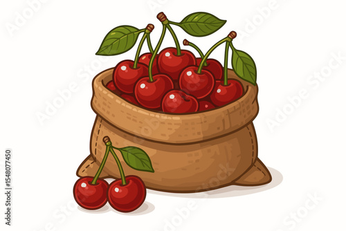Ripe Fresh Cherries with Stems and Leaves in Burlap Sack. Juicy Red Fruit. Harvested Cherry Cartoon Illustration. Natural Healthy Food Isolated on White. Organic Produce Market Vector