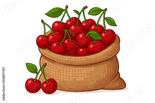 Ripe red cherries with green leaves in burlap sack. Fresh fruit harvest. Organic cherry bag. Vector cartoon illustration. Juicy sweet berries. Farm produce market. No text, isolated background.