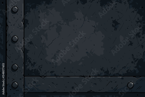 Industrial grunge metal and concrete floor texture background. Seamless cartoon vector illustration. Dark distressed steel surface with rivets, scratches, plate details. Game UI, industrial design