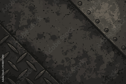 Grunge industrial metal and concrete floor texture background. Vector cartoon illustration of weathered steel plate with rivets, rugged rusty surface, distressed construction, workshop, urban design