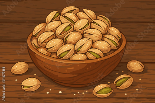 Salted Roasted Pistachio Nuts in Wooden Bowl on Rustic Table, Crunchy Snack, Natural Food Ingredient, Vector Cartoon Illustration for Healthy Eating and Nutritious Snack Concepts