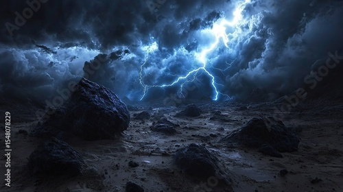 concept art of an alien planet with lightning and dark clouds, blue lightening in the sky, black rocks