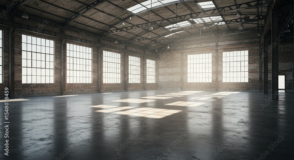 Sun-Drenched Industrial Loft Space, Empty Factory Interior Sun-Drenched Industrial Loft Space, Empty Factory Interior
