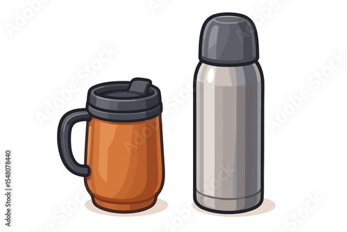 Thermos Vacuum Flask and Insulated Travel Coffee Mug on White Background. Vector Cartoon Illustration of Reusable Drinkware for Hot Beverages, Camping, Office, Eco-Friendly Lifestyle, No Text