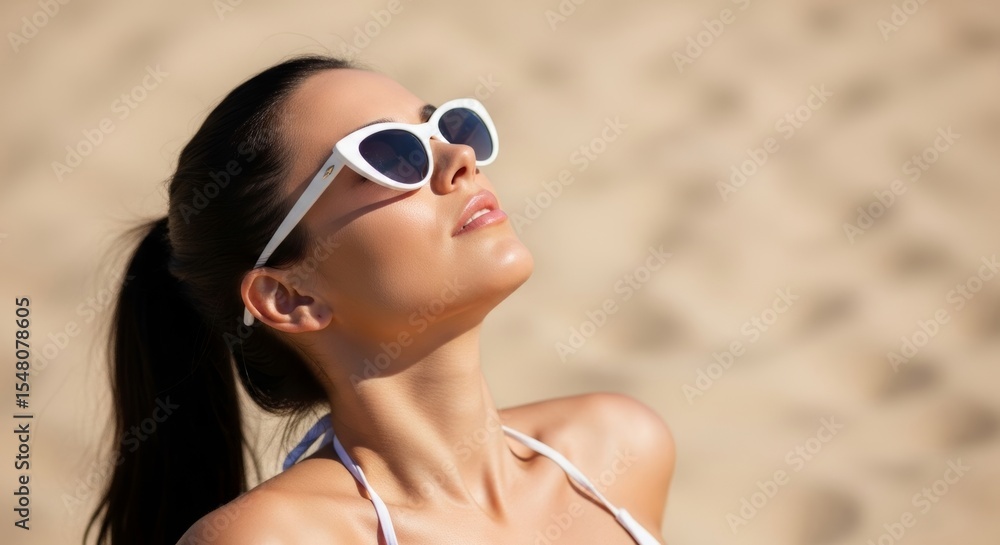 Naklejka premium Beautiful woman with ponytail, eyes closed in white shades, relaxing on sand. Summer bliss and beach getaway.