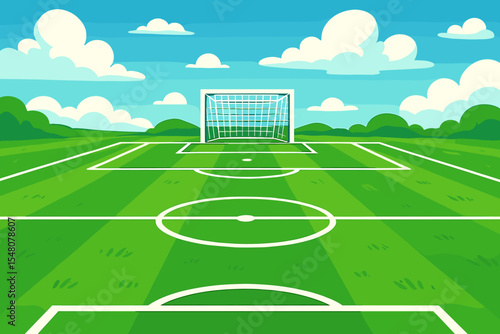 Vibrant green soccer field with fresh white boundary lines, sunny sky, goalpost and striped grass pitch. Vector cartoon sports stadium background, outdoor football match landscape, no text