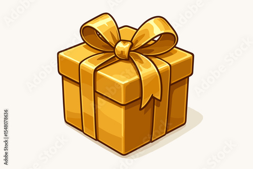 Shiny gold gift box with elegant ribbon bow, luxury present packaging, festive celebration decoration, cartoon vector illustration on white background, holiday birthday surprise, anniversary gift