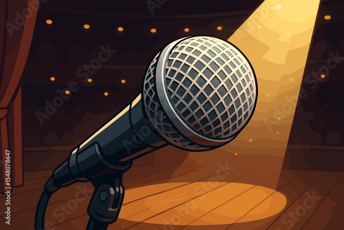 Close-Up Microphone on Theater Stage Under Spotlight. Vector Cartoon Illustration of Live Performance, Stand-Up Comedy, Speech, Music Concert, Event Presentation, Auditorium, Empty Venue Scene