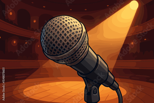 Microphone close-up on stage under spotlight in empty concert hall. Live performance, singing, presentation, stand-up comedy, music event, entertainment, vector cartoon illustration, no text