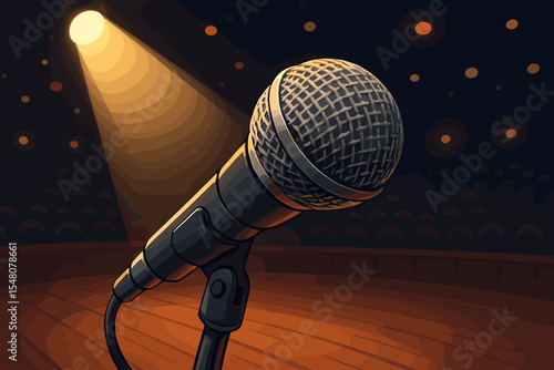 Microphone close-up on stage under spotlight in concert hall. Vector illustration of sound equipment ready for performance, music show, singing, comedy, speech, entertainment, live event background