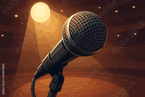 Dynamic microphone spotlight close-up on empty concert hall stage. Performance, stand-up comedy, singing, music show, speech, entertainment event. Vector illustration for live events and presentations