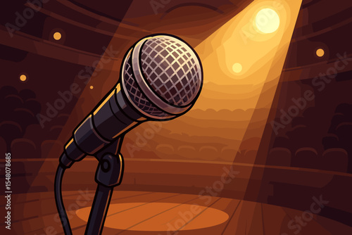 Microphone close-up on spotlighted concert stage. Stand-up comedy, live music performance, public speaking scene. Theater, show, entertainment venue. Vector cartoon illustration.