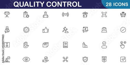 Quality control line icon set. Quality check computing icons for web and mobile app. production, quality assurance, evaluation, checked, testing, certificate and more. Vector illustration.