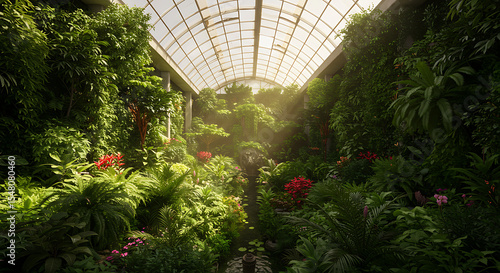 Lush Indoor Garden with Sunlit Palms and Orchids