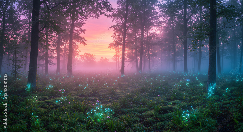 Fototapeta premium Ethereal Forest With Glowing Trees at Sunrise in a Misty Landscape