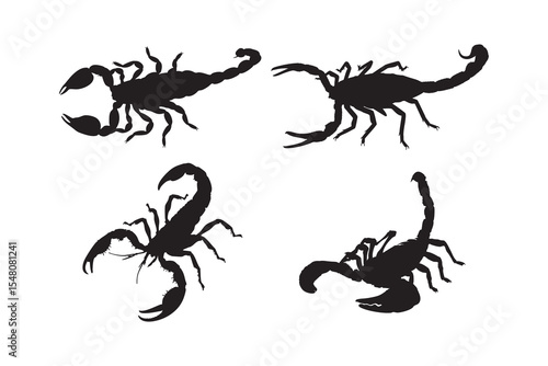 Black Scorpion Silhouette Set Walking Scorpion Vector Illustrations Isolated on White Background