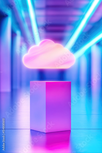 A glowing cloud hovers above a rectangular pedestal, surrounded by vibrant, futuristic lighting. Concept: technology, innovation, digital cloud