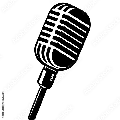 Vintage Microphone, Retro Music Mic, Black and White Illustration, Vector Graphic