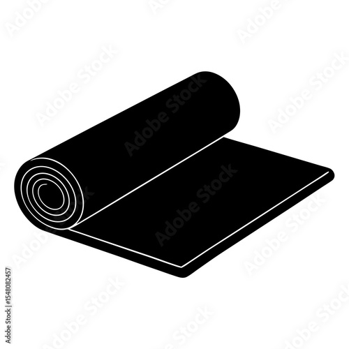 Black yoga mat, rolled and flat, fitness exercise, gym equipment, vector icon