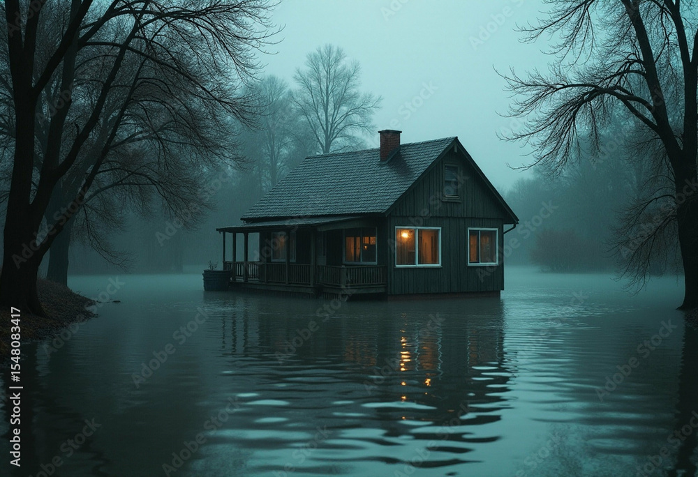 Obraz premium Floating House with Porch in Quiet Floodplain