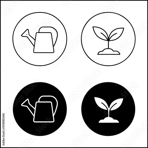 Gardening icons of watering can and plant sprout in line art and silhouette