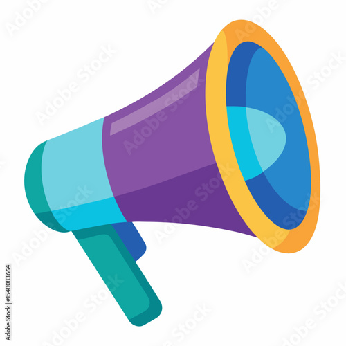 Megaphone, colorful icon, purple and blue loudspeaker, announcement symbol, yellow rim