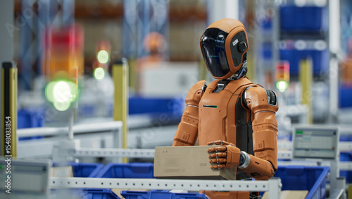 3D Render: Autonomous AI-Enabled Humanoid Robot Works at Warehouse. He is Moving Boxes and Sorting Packages. Automated Fulfillment Center or Logistics Center with General Purpose Humanoid Robots