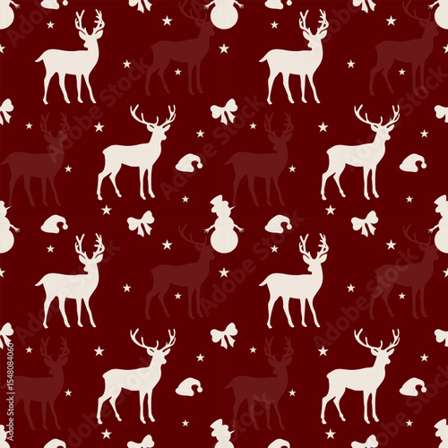 Fabric pattern, Christmas graphic pattern (Christmas pattern) designed to look fun and warm, suitable for decorating during the festival. Reindeer, Santa hat, snowman, bow, star, 