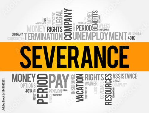 Severance - generally means the act of cutting off or separating, word cloud concept background