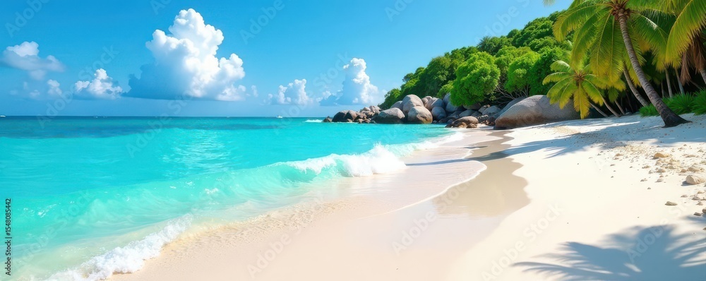 Naklejka premium Azure water gently washes the shoreline of a pristine beach , holiday, azure