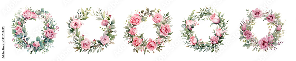 Naklejka premium Five Delicate Pink Rose Wreaths